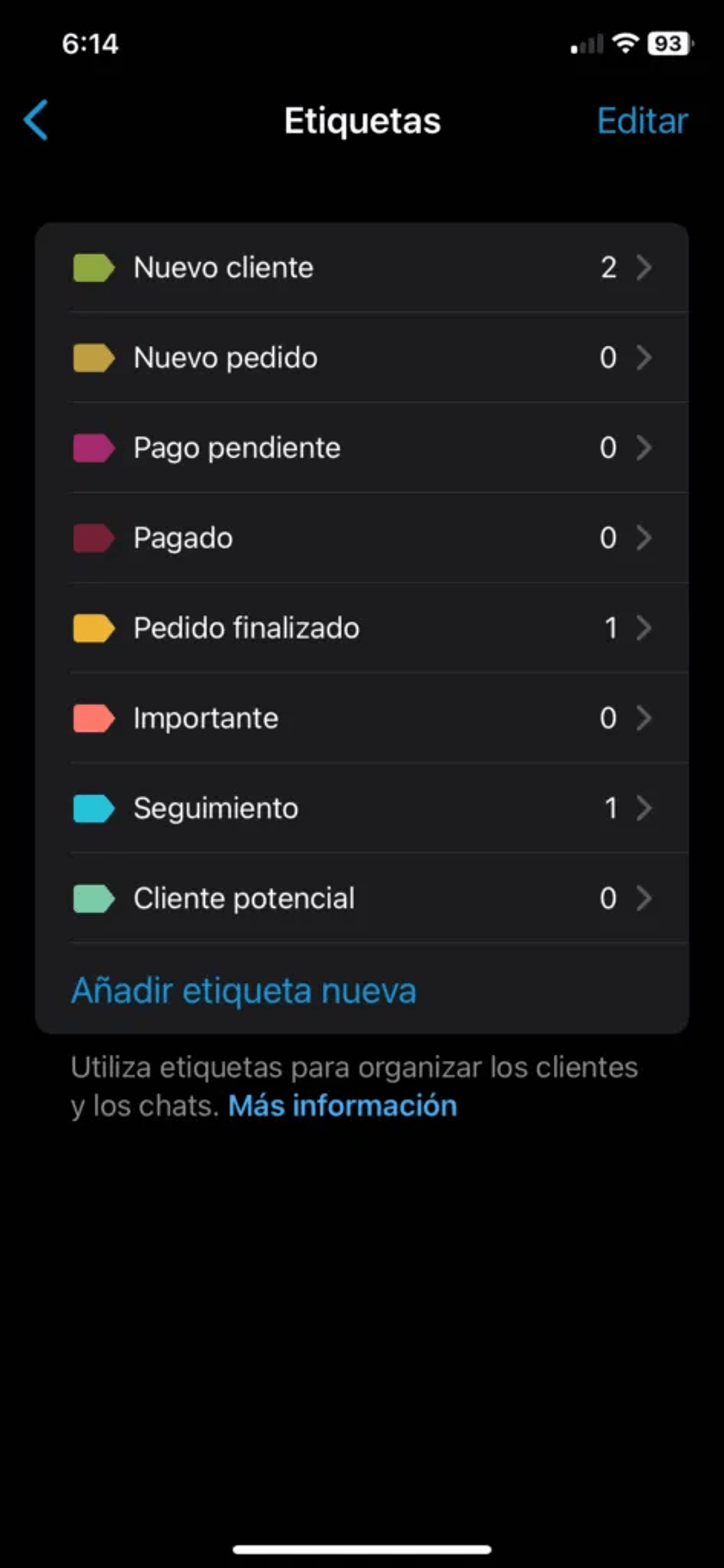 Pantalla de etiquetas en WhatsApp Business
