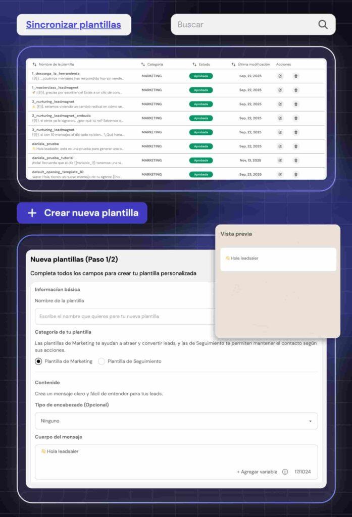 Pantalla de sección de creación de plantillas en Leadsales