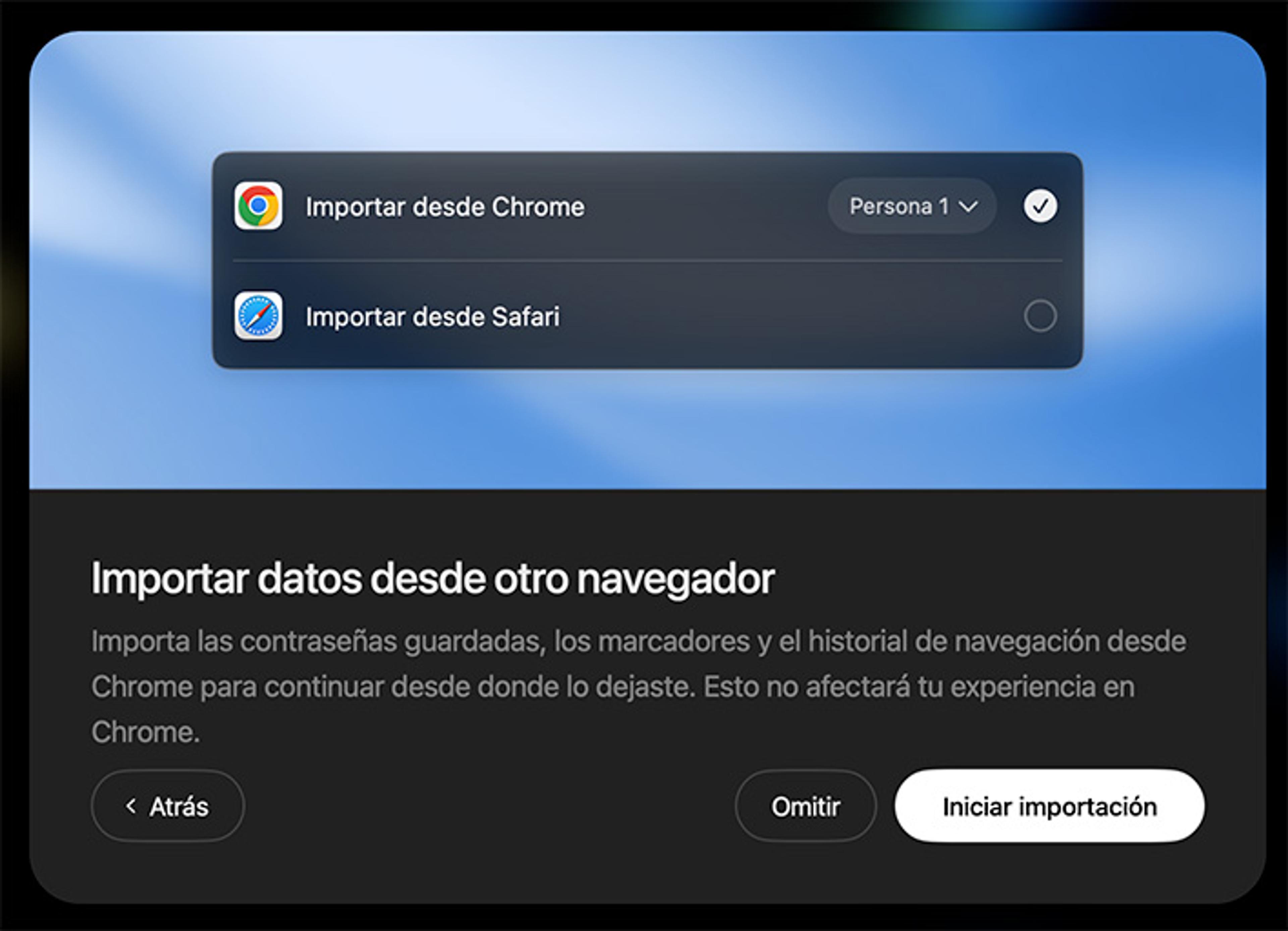 Captura de pantalla que muestra el paso 3 para usar Atlas GPT: importar datos desde otro navegador y activar memorias del navegador