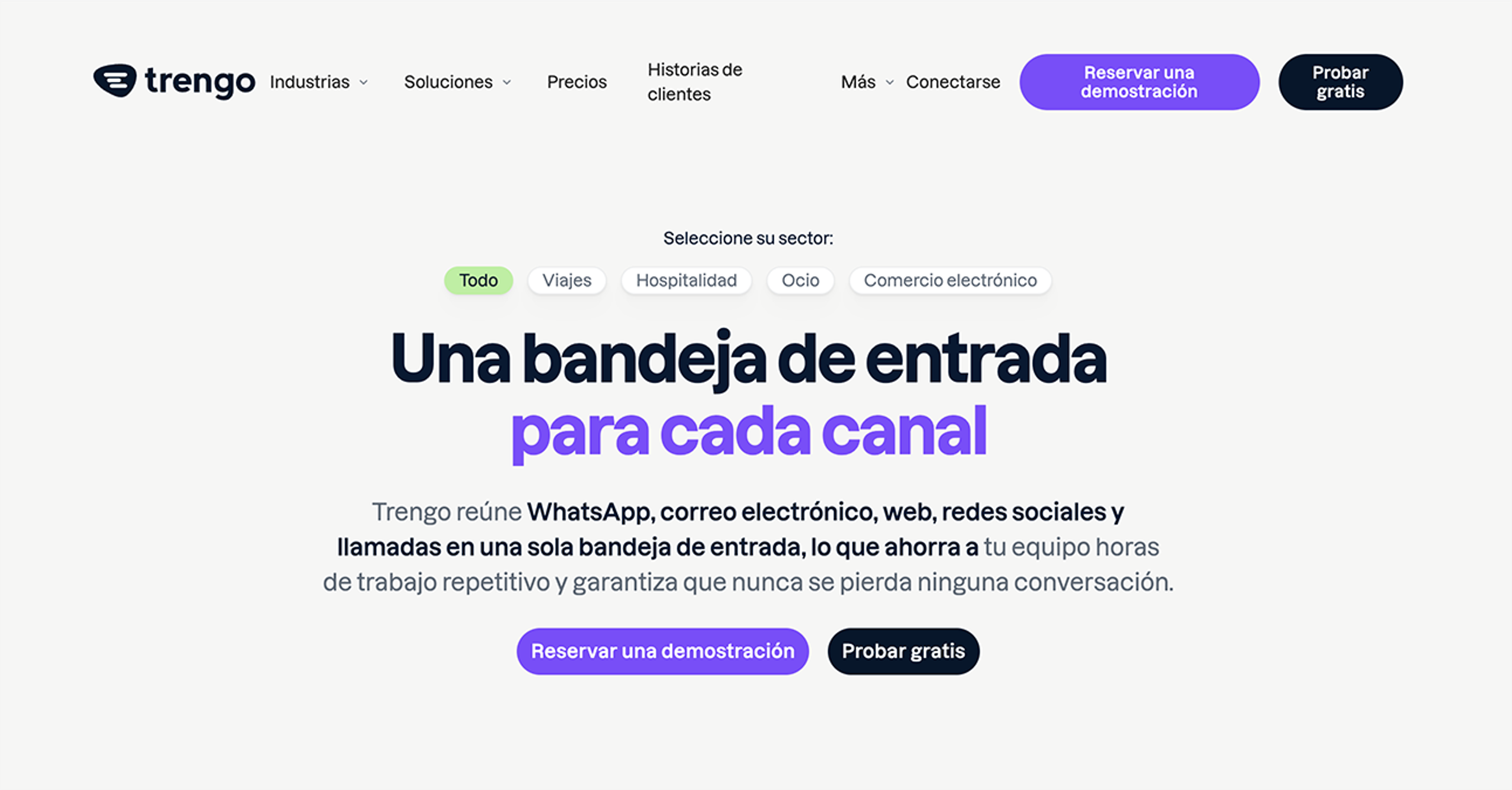 Plataforma de Trengo mostrando una bandeja de entrada unificada para WhatsApp, email y redes sociales, optimizada para diferentes sectores como comercio electrónico y viajes.