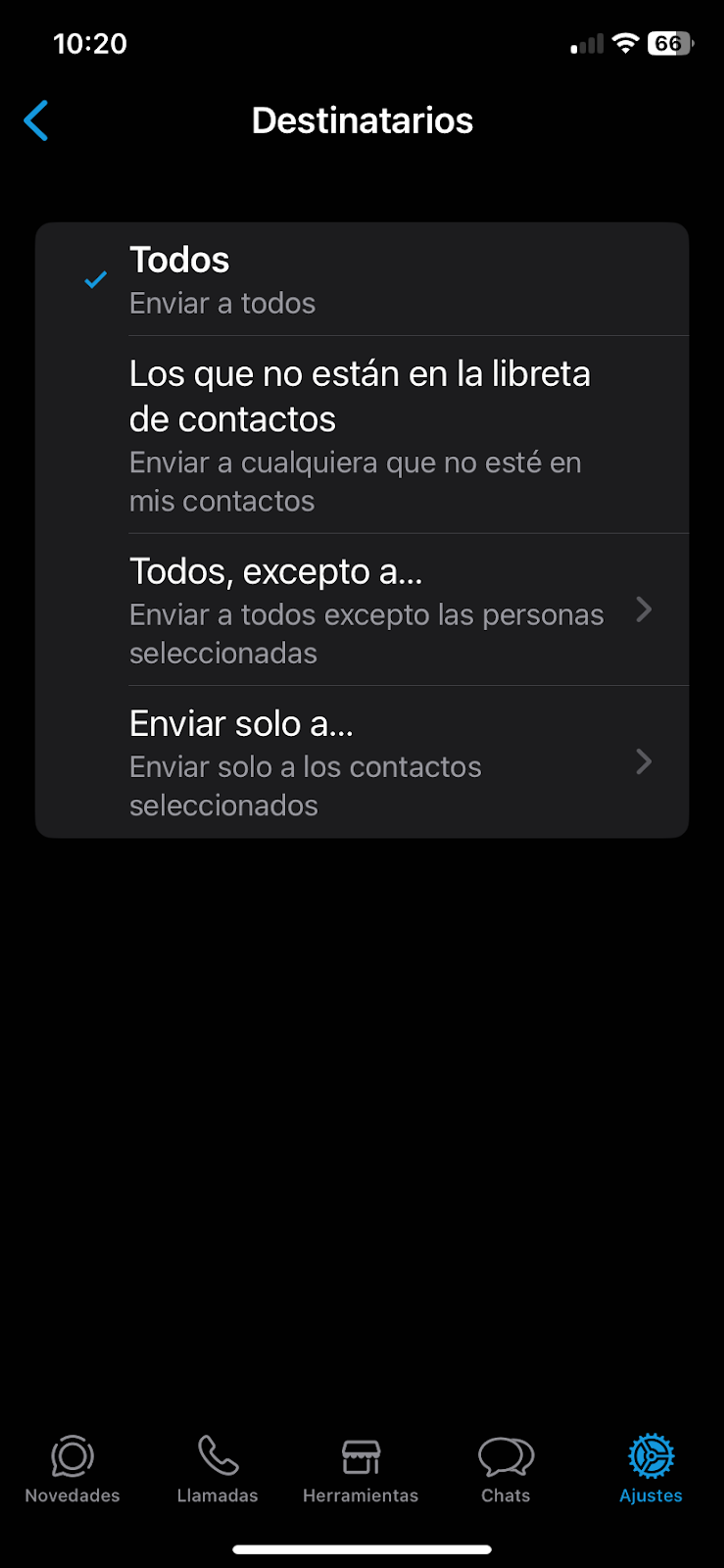 Captura de pantalla de la pantalla para seleccionar destinatarios de un Mensaje de ausencia de WhatsApp Business.
