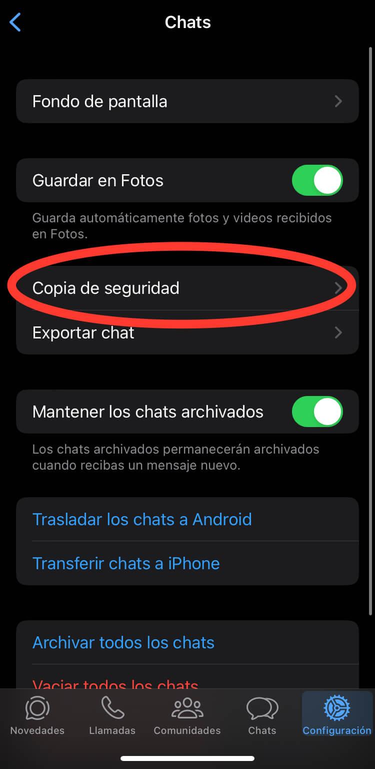 Pantalla de configuración de copia de seguridad en WhatsApp desde iOS