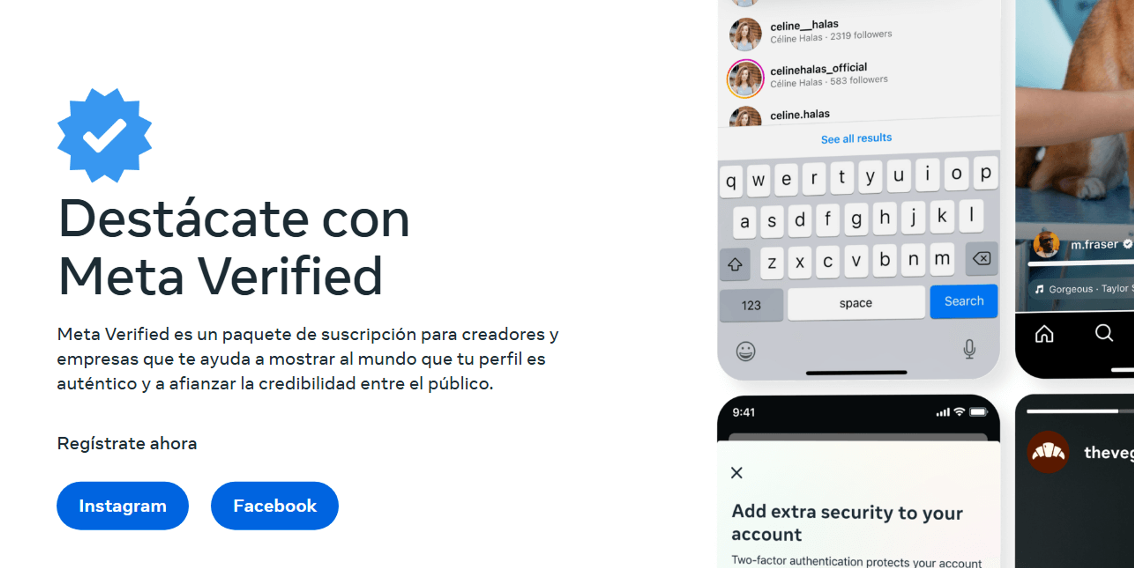 Página oficial de Meta Verified con insignia azul y opciones de registro para Instagram y Facebook