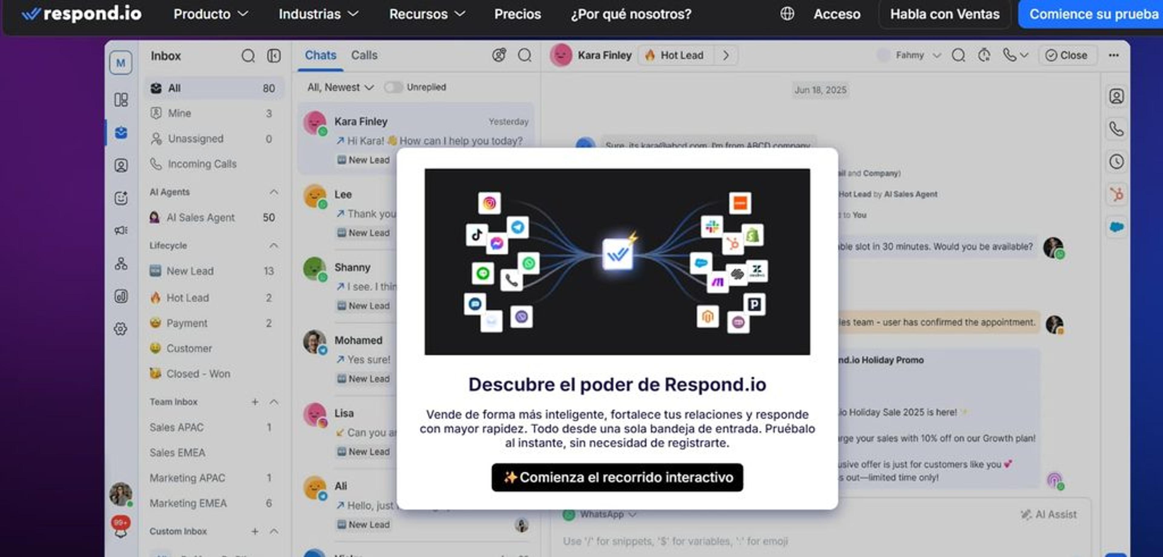 Pantalla de inicio de Respond.io