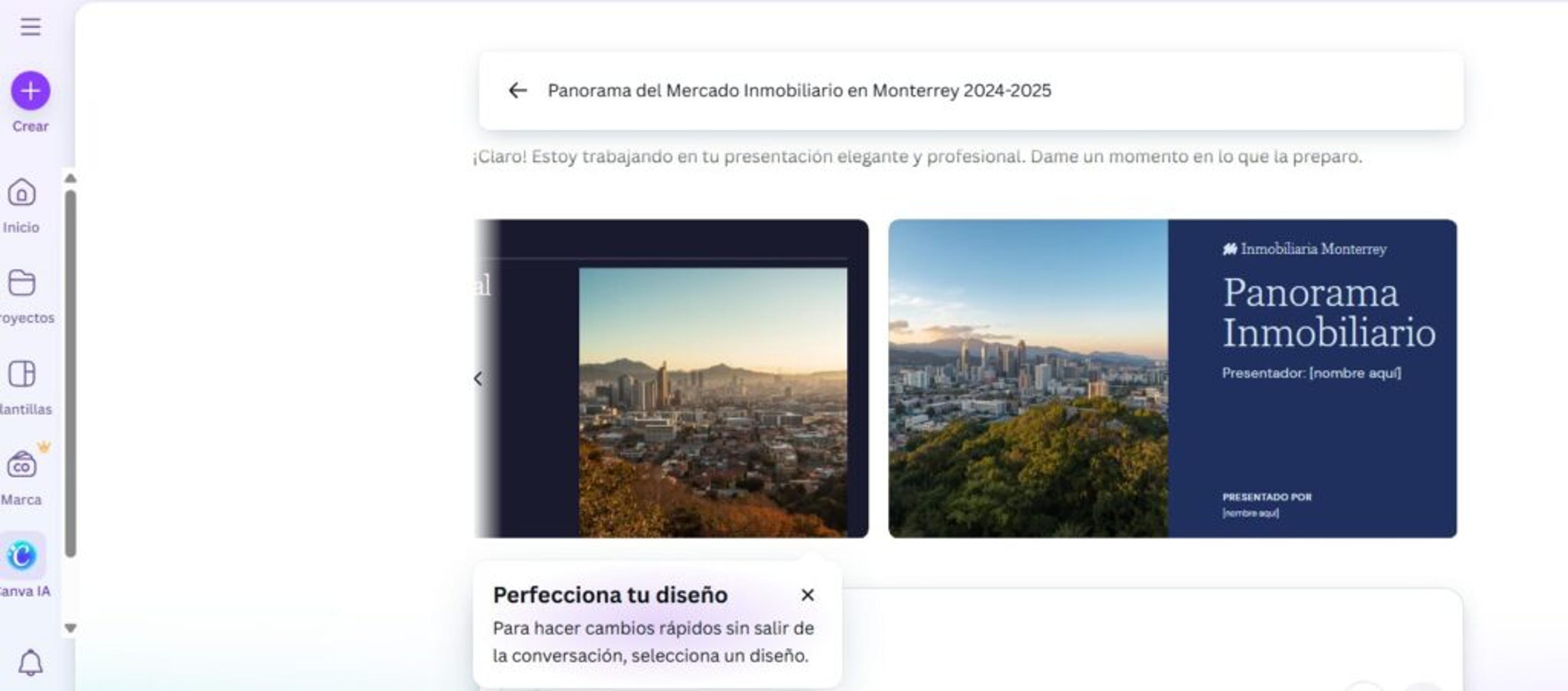 Pantalla de Canva con una presentación