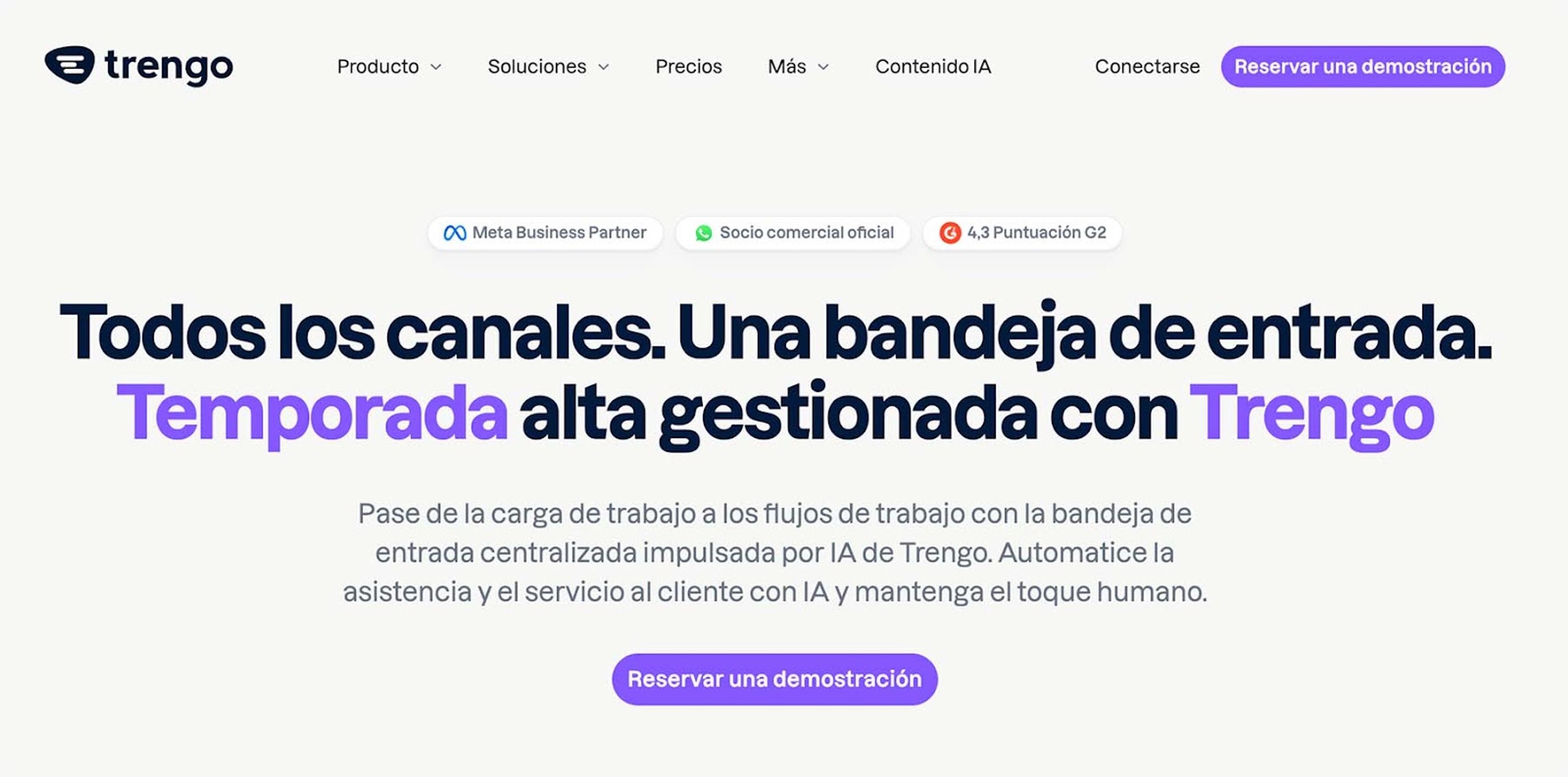 Captura de pantalla de la sección de inicio de la página web de Trengo