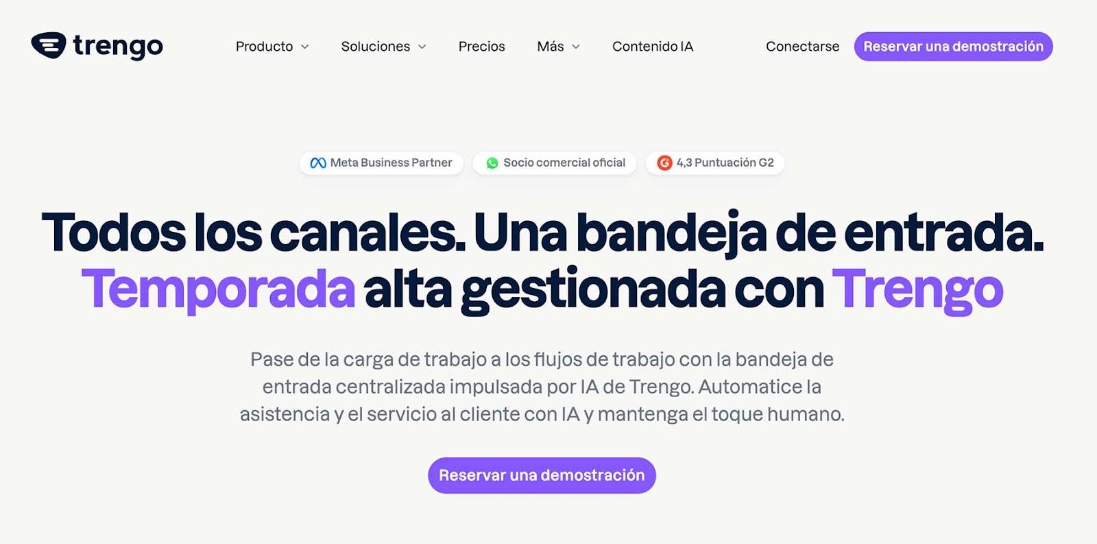 Captura de pantalla de la sección de inicio de la página web de Trengo