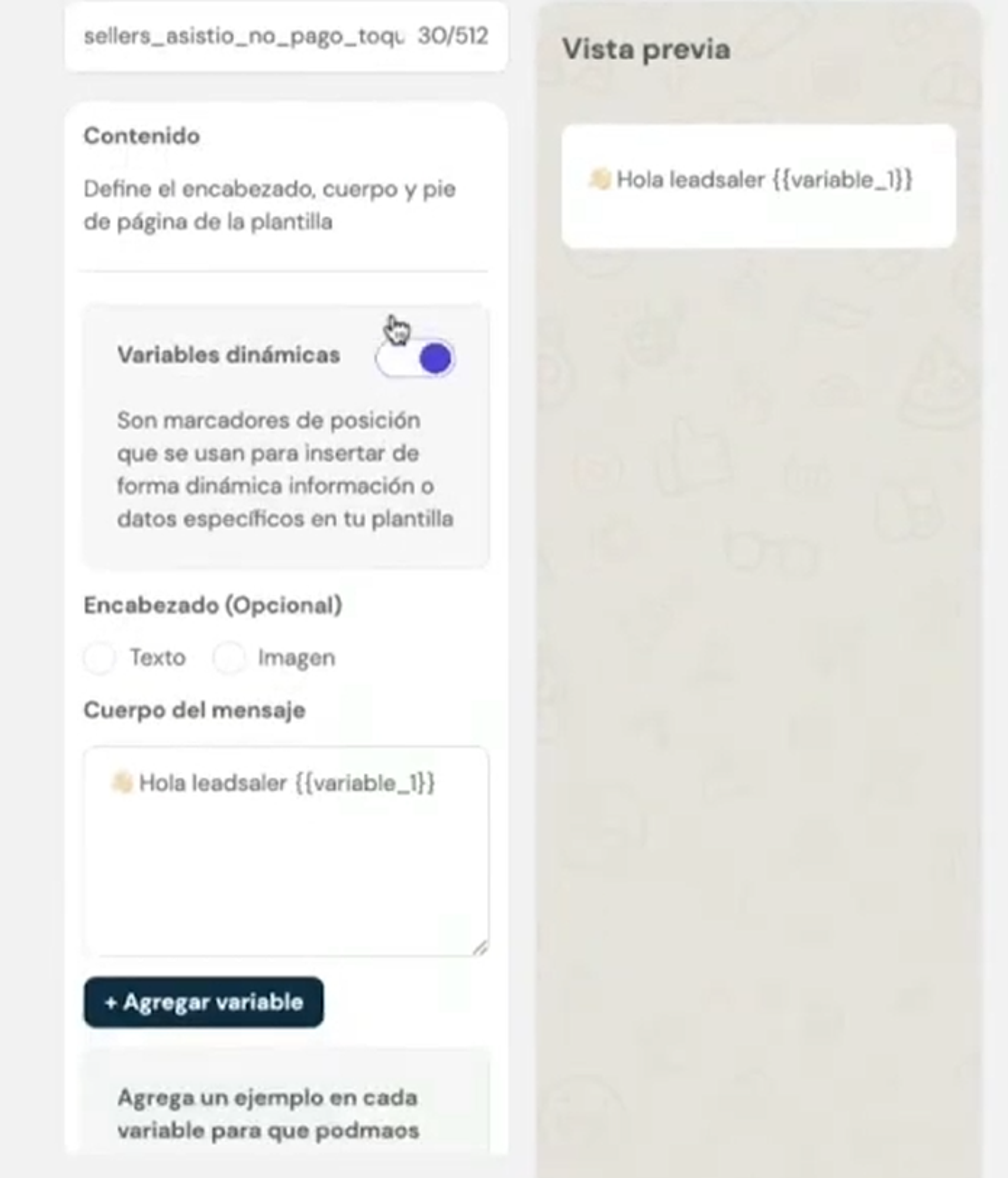 Pantalla de creación de plantilla de mensajes de WhatsApp en Leadsales