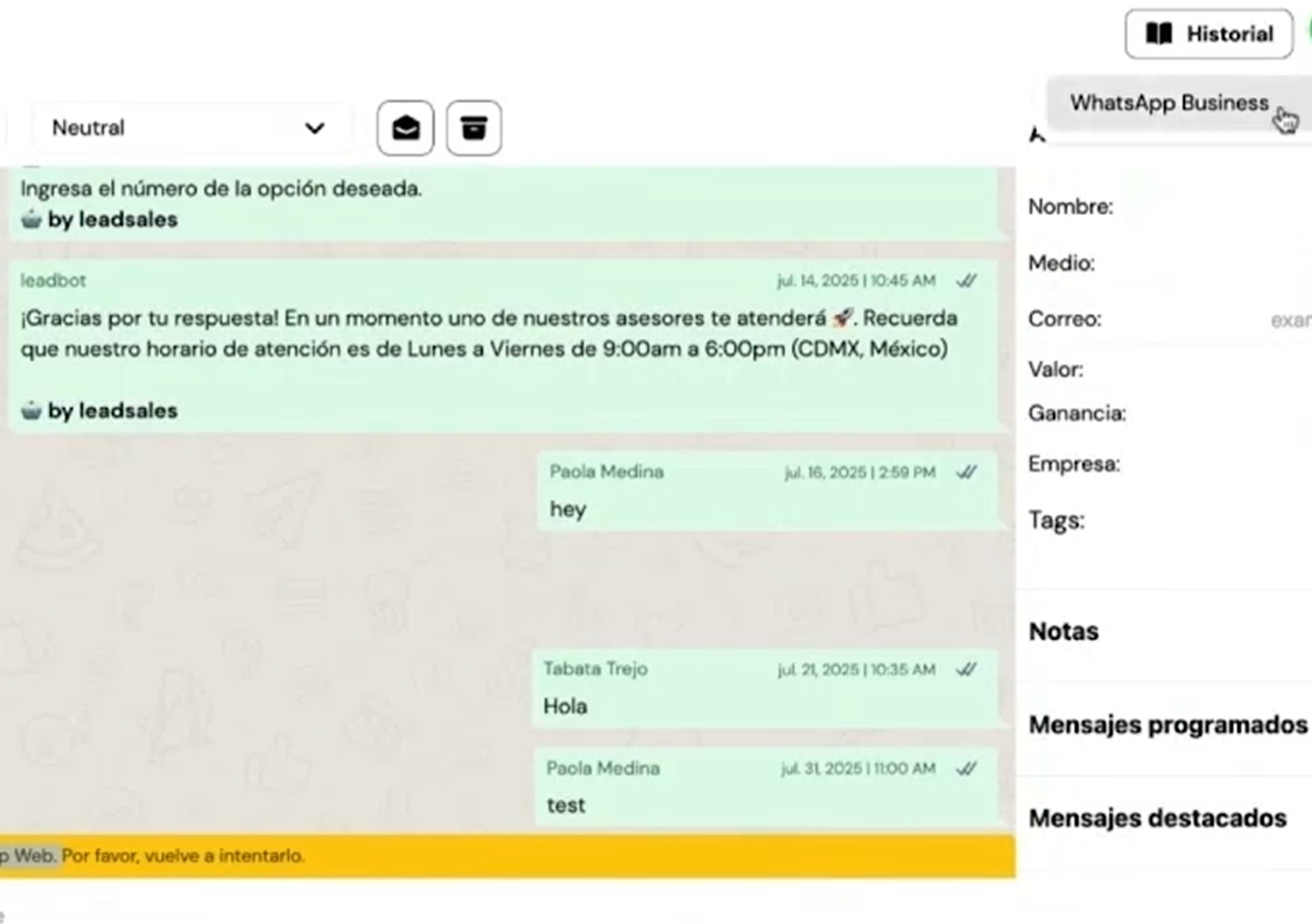Pantalla de cambio de canal a WhatsApp Business en Leadsales