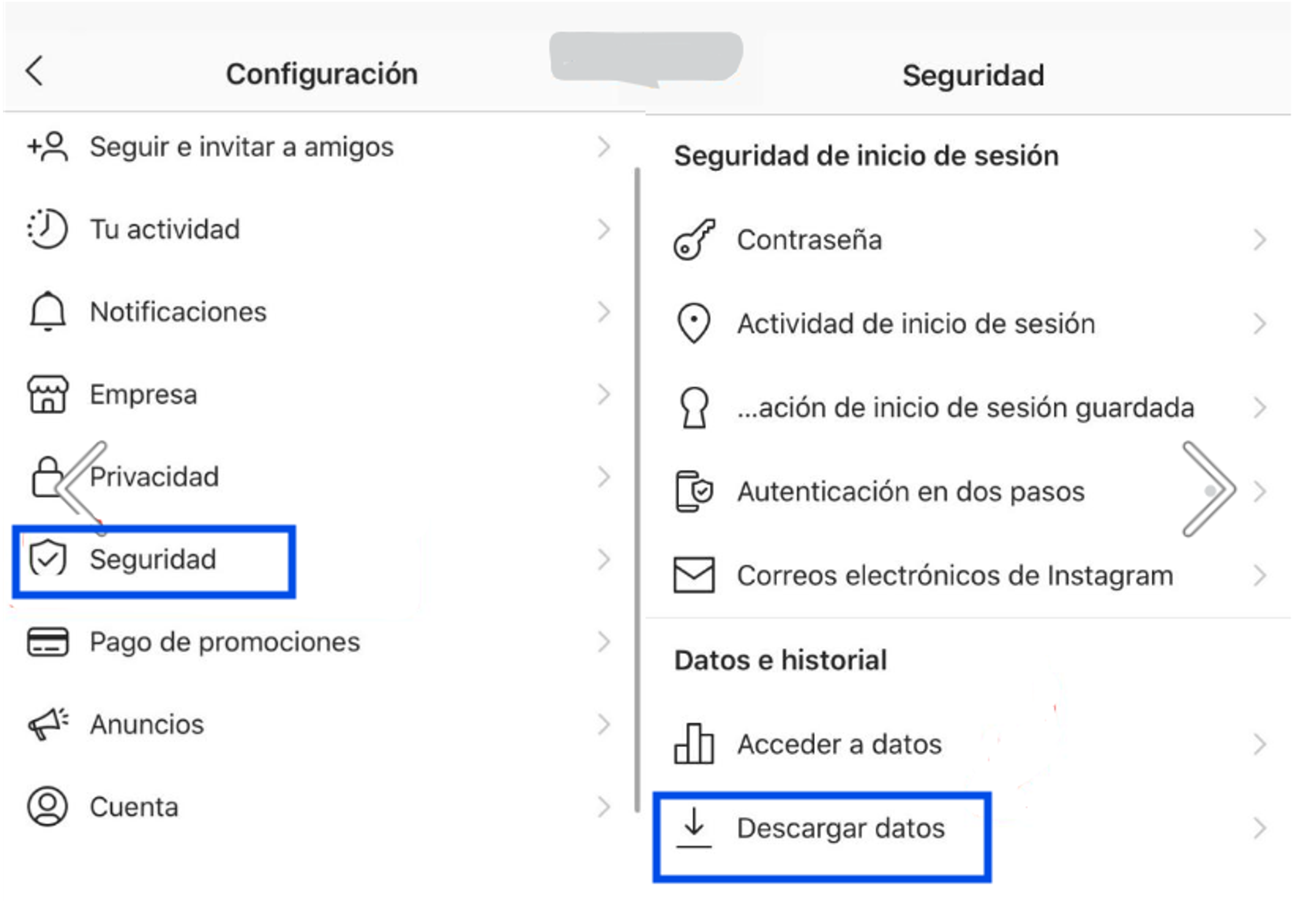Pantalla para gestionar copia de seguridad de Instagram