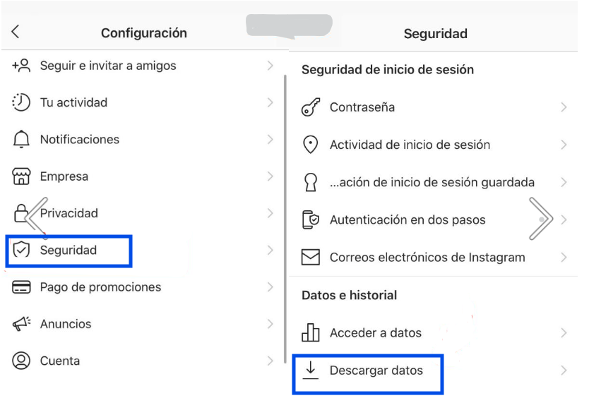 Pantalla para gestionar copia de seguridad de Instagram