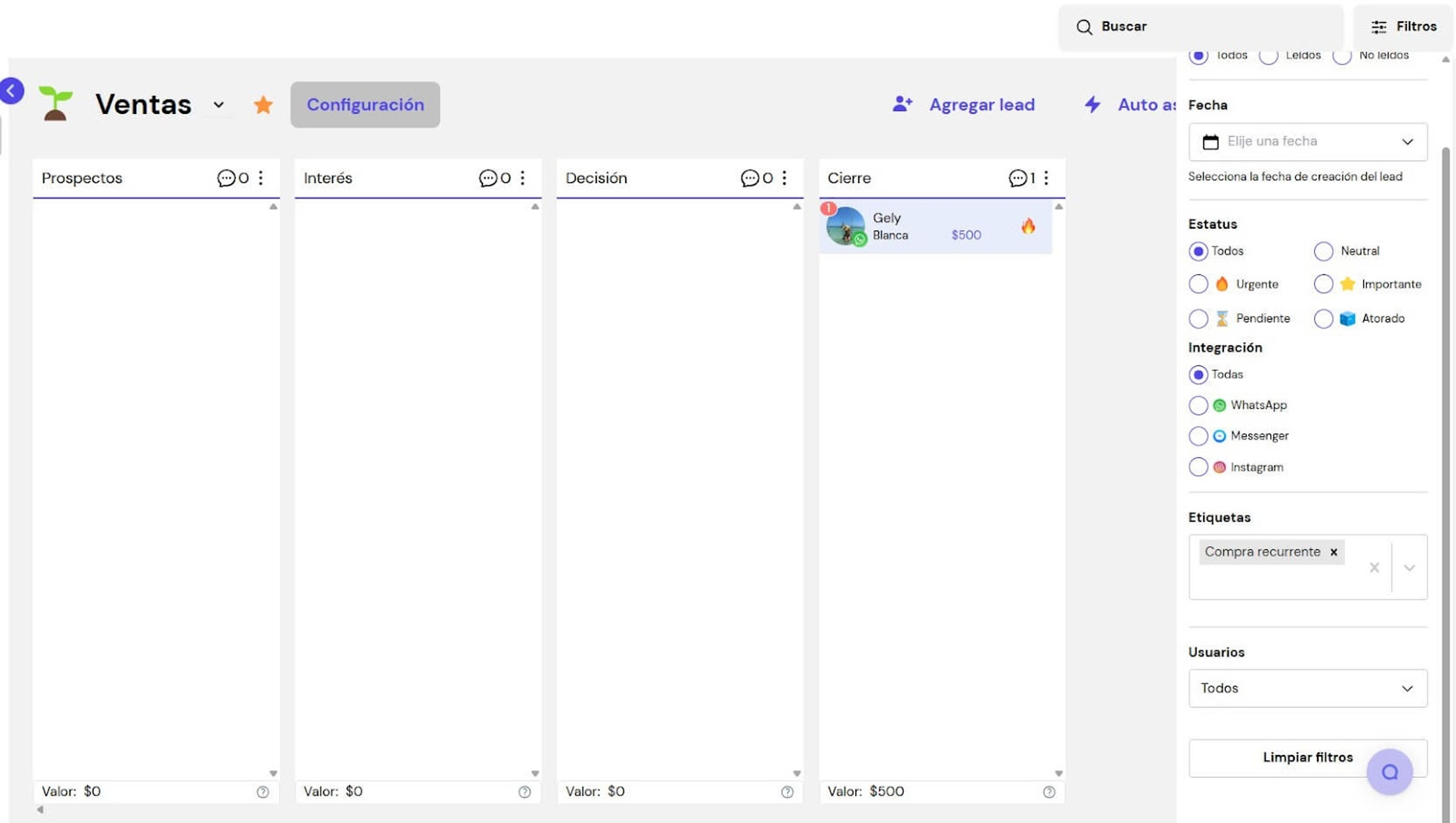Filtros en Leadsales CRM