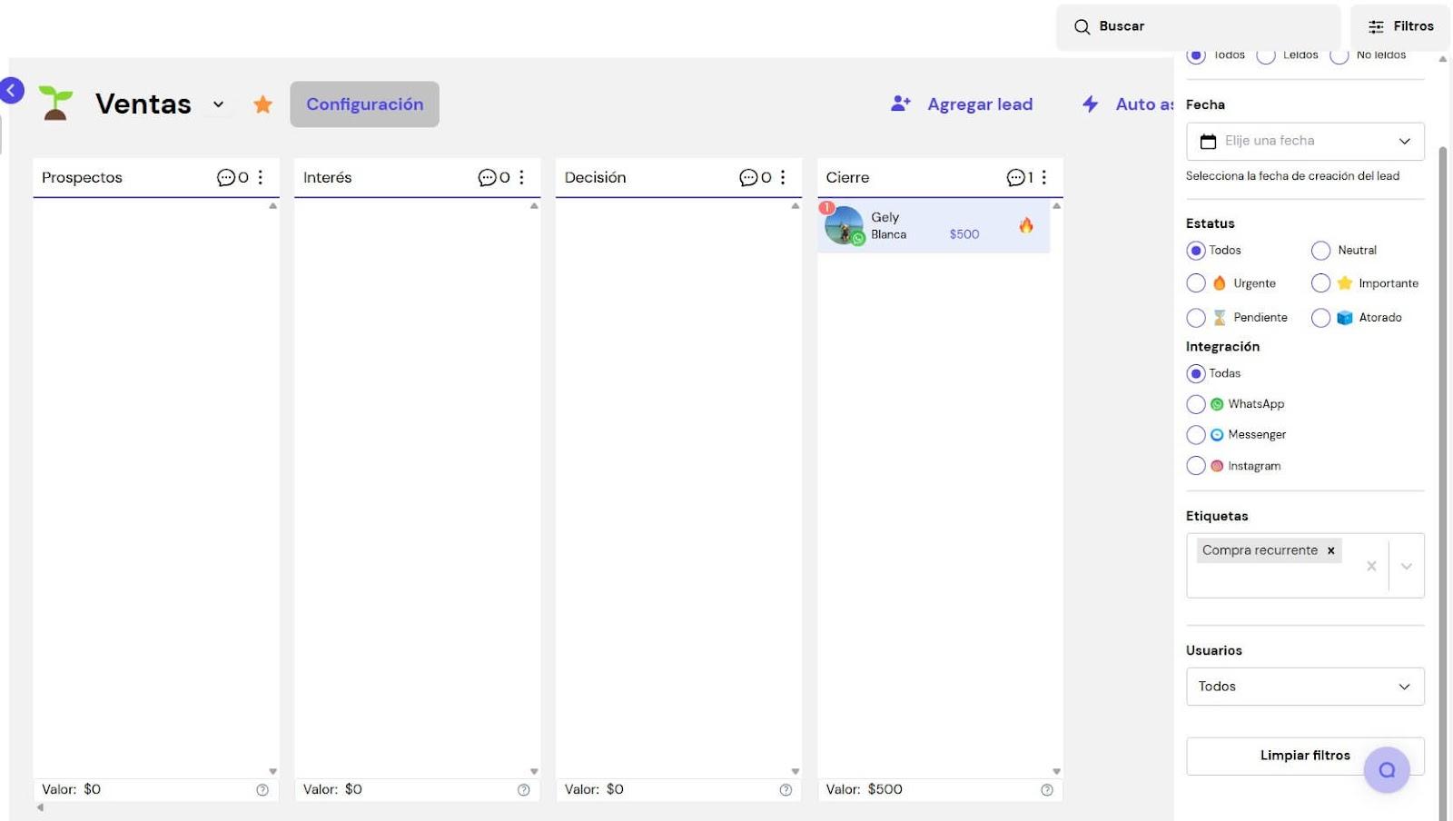Filtros en Leadsales CRM