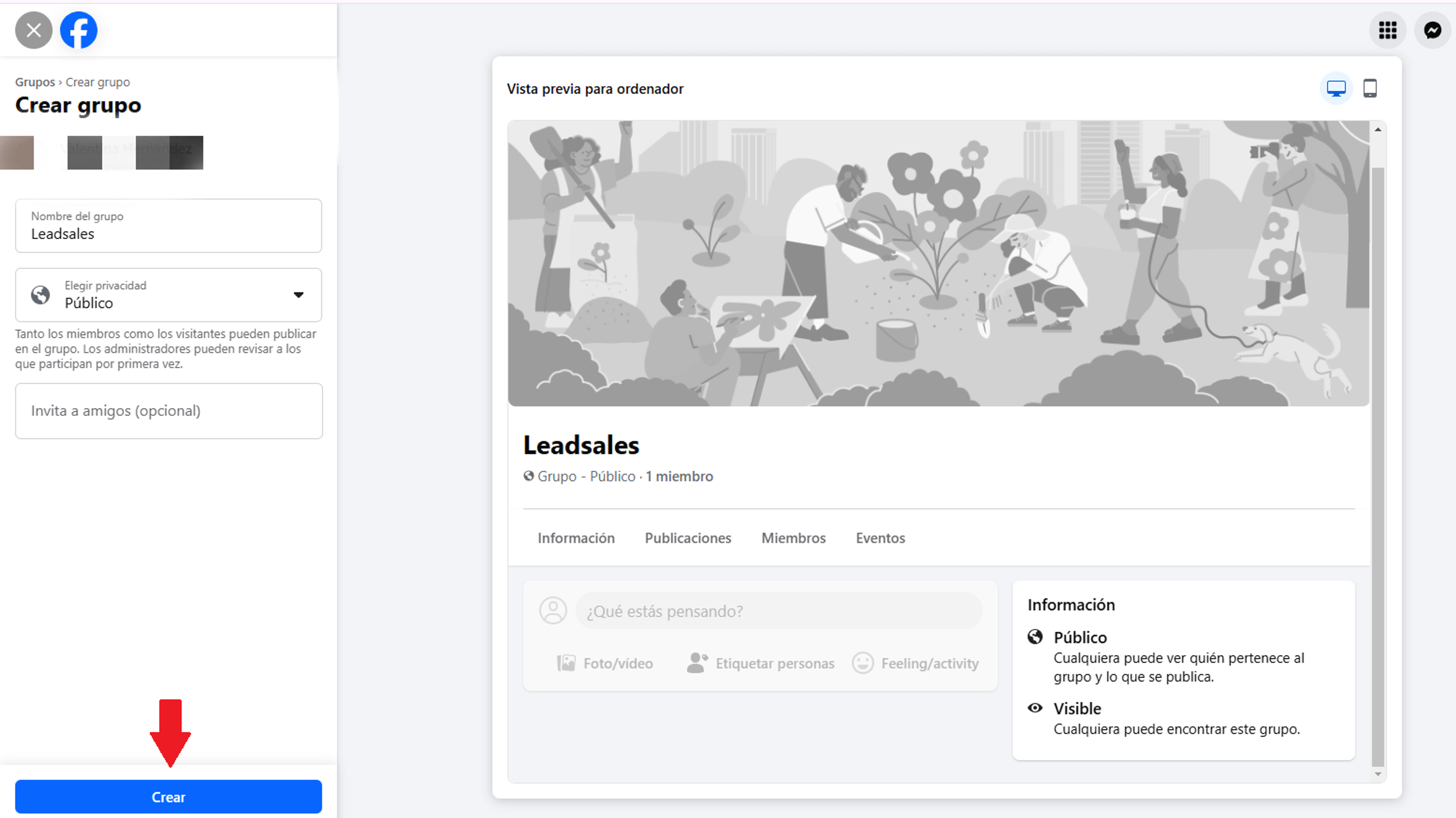 Opciones de creación de grupo en Facebook