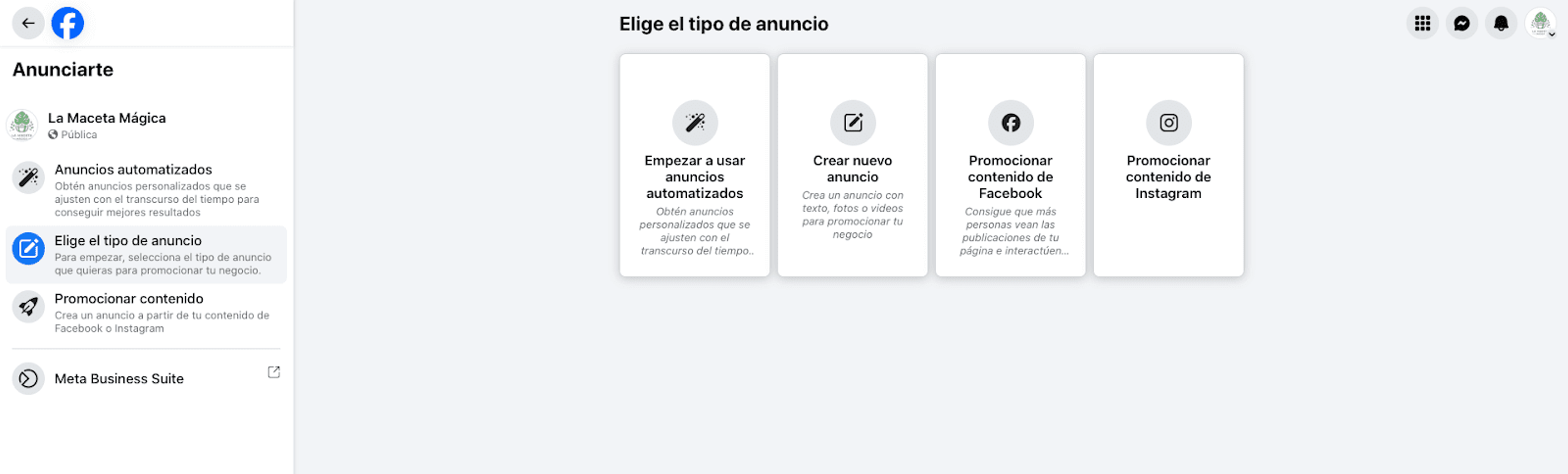 Captura de pantalla del segundo paso para configurar un anuncio con CTA a WhatsApp: Captura de pantalla del primer paso para configurar un anuncio con CTA a WhatsApp: ve a tu página de Facebook y haz clic en "anunciarte"