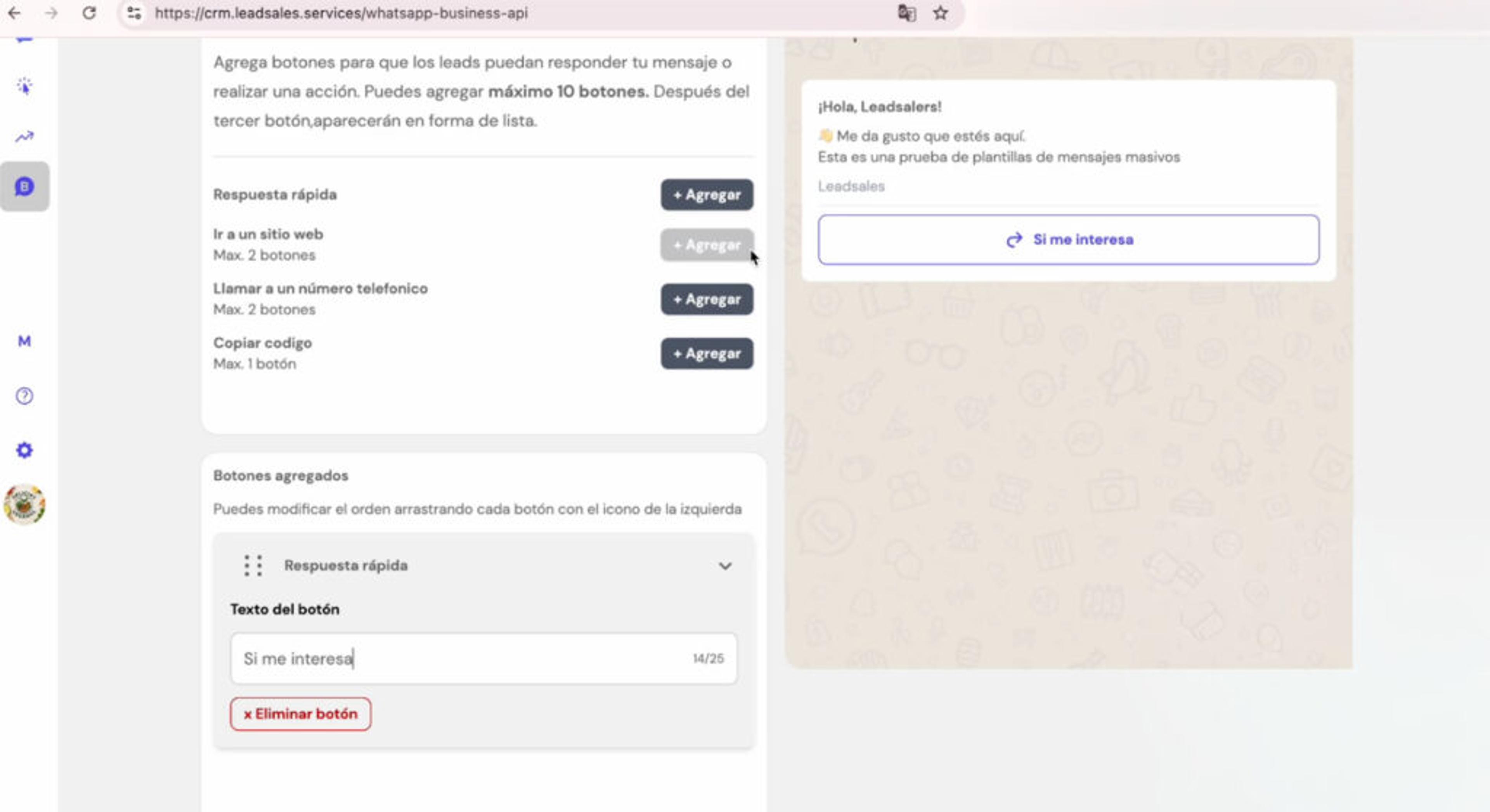 Configuración de un botón de respuesta rápida en una plantilla de WhatsApp API en Leadsales