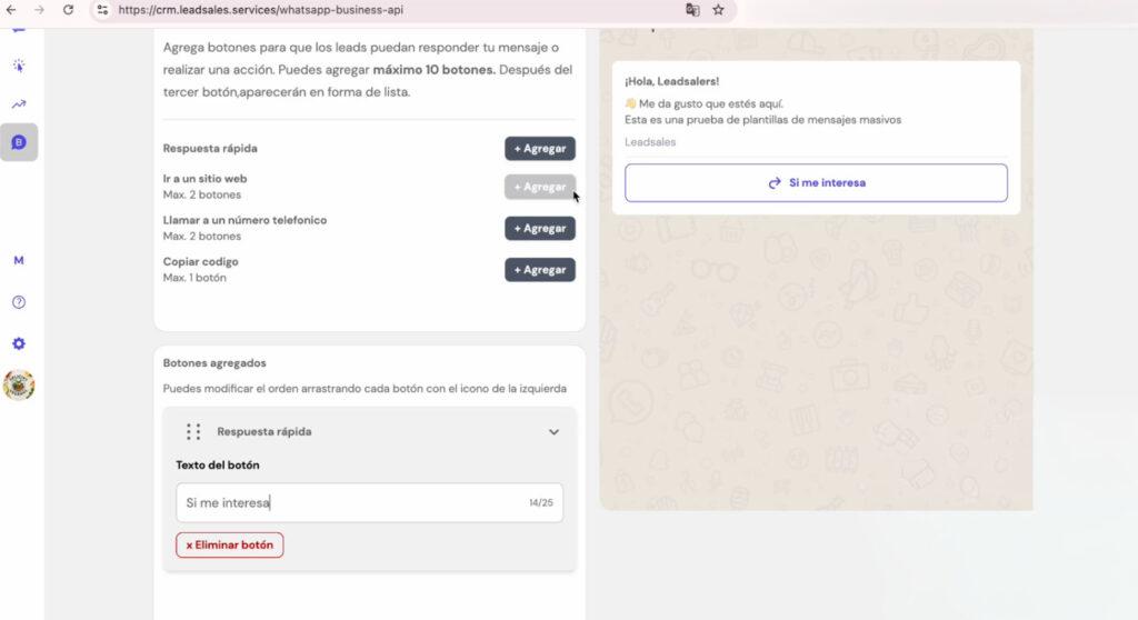 Configuración de un botón de respuesta rápida en una plantilla de WhatsApp API en Leadsales