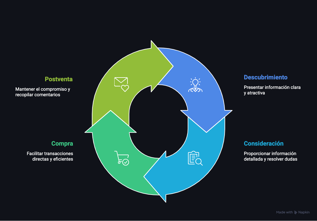 Diagrama que muestra las etapas del recorrido del cliente en WhatsApp y cómo comunicarse en cada una.