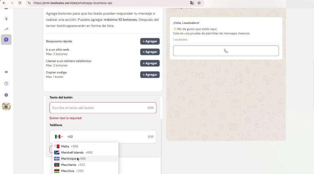 Configuración de un botón para llamar a un número telefónico en una plantilla de WhatsApp API en Leadsales