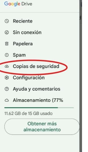 Menú lateral de Google Drive en Android con la opción "Copias de seguridad" resaltada en círculo rojo