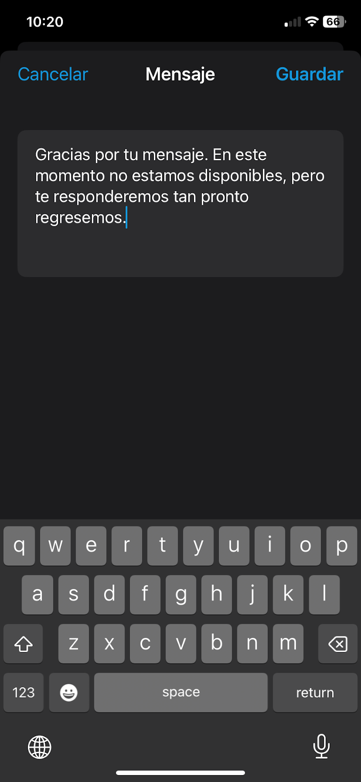 Captura de pantalla de la pantalla de para crear un Mensaje de ausencia en WhatsApp Business.