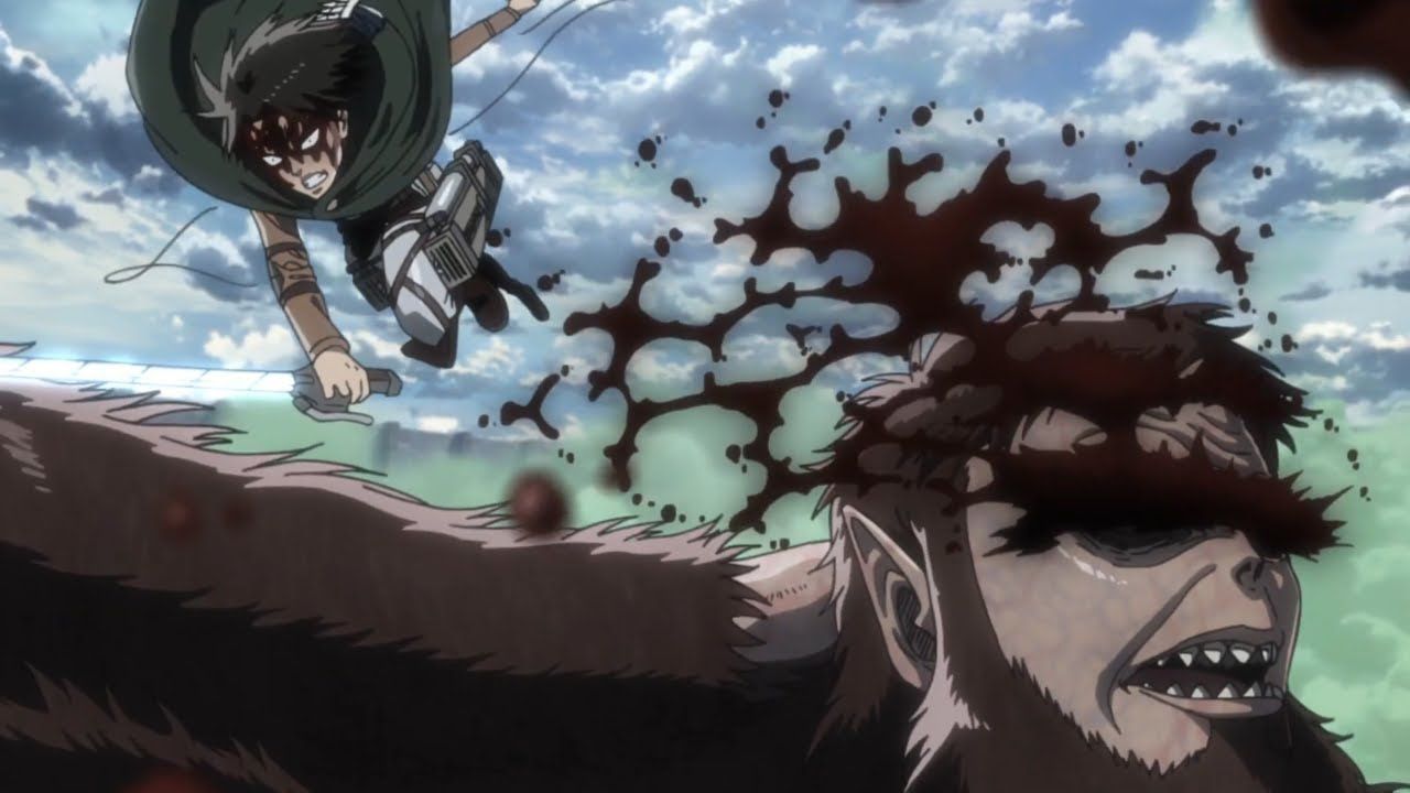 Levi Ackerman fighting the Beast Titan in Attack on Titan, slashing at its ankle with ODM gear