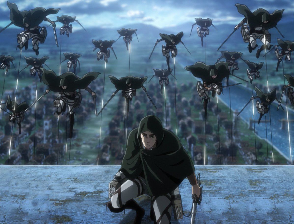 Eren kneeling in Shiganshina as Survey Corps soldiers descend on ODM gear in Attack on Titan Season 3