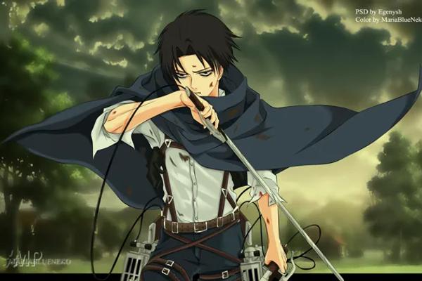 Levi Ackerman striding forward with his gear and cloak flapping in the wind.