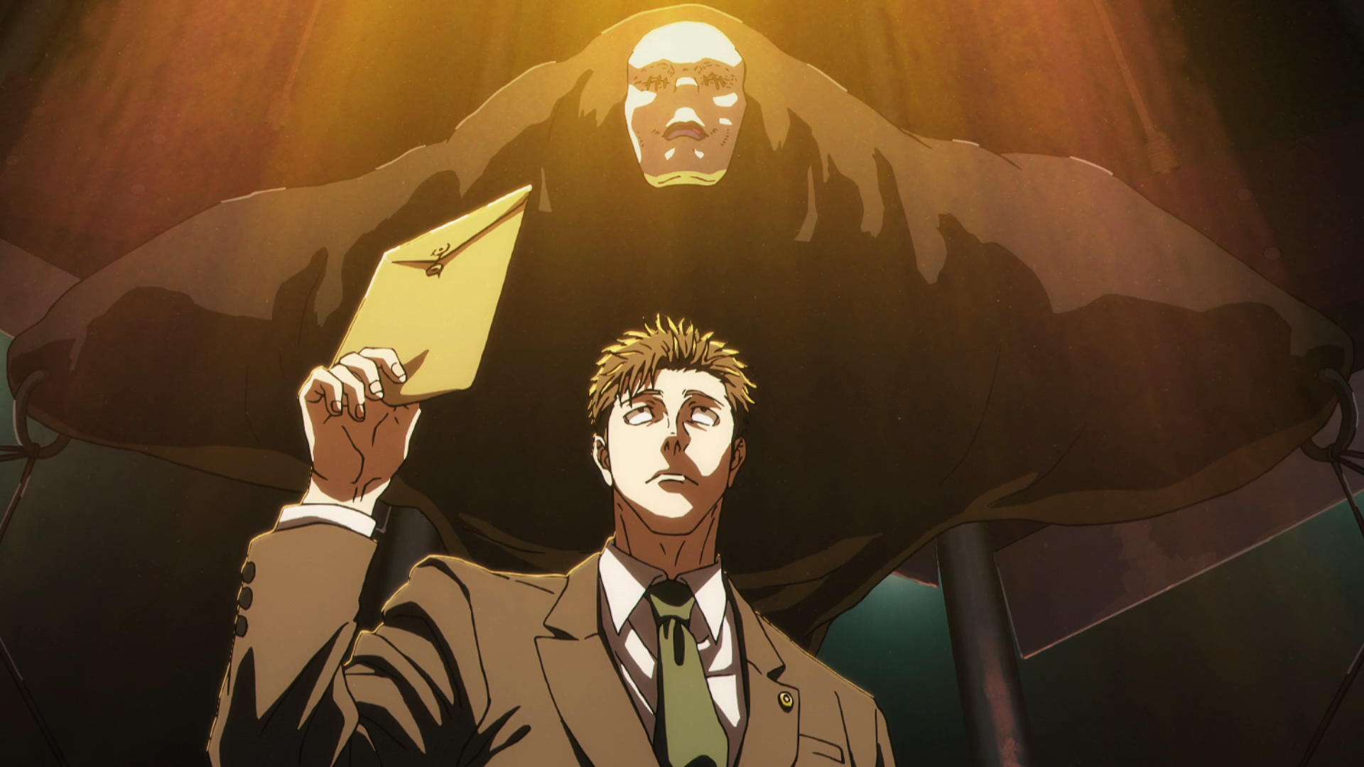 Hiromi Higuruma stands in front of his Judgeman shikigami during Jujutsu Kaisen’s Culling Game arc.