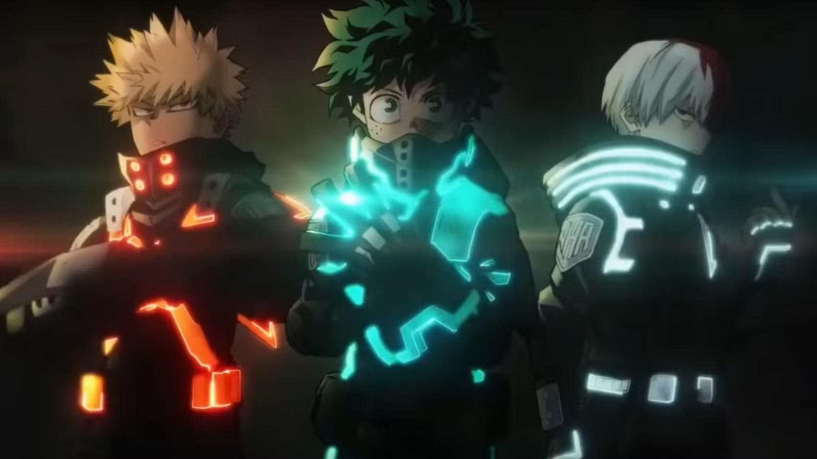 Bakugo, Deku, and Shoto wearing new costumes for World Heroes' Mission movie