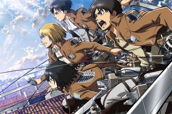 Attack on Titan scouts flying through the air
