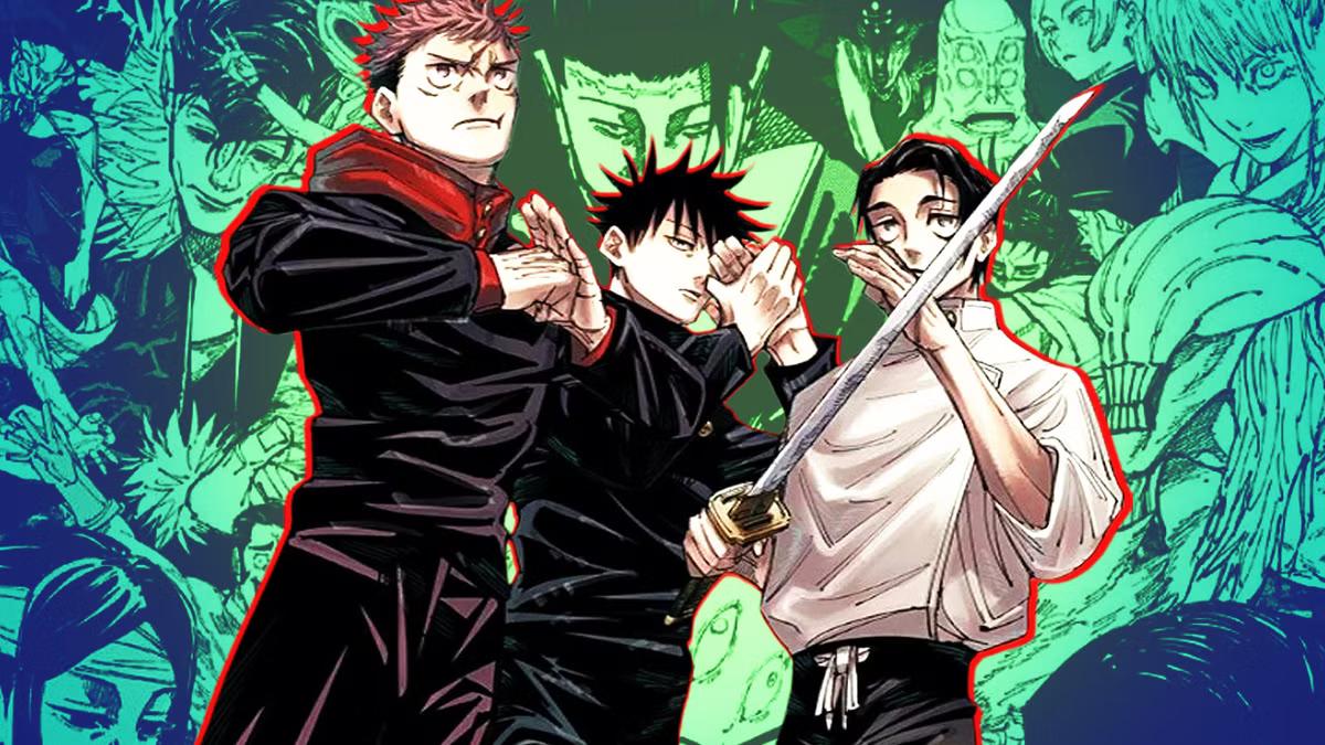 Yuji Itadori, Megumi Fushiguro, and Yuta Okkotsu pose together against a collage of Jujutsu Kaisen manga artwork.