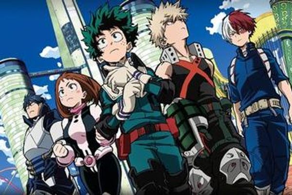 Deku, Bakugo, Todoroki, Ochaco, and Iida marching forward