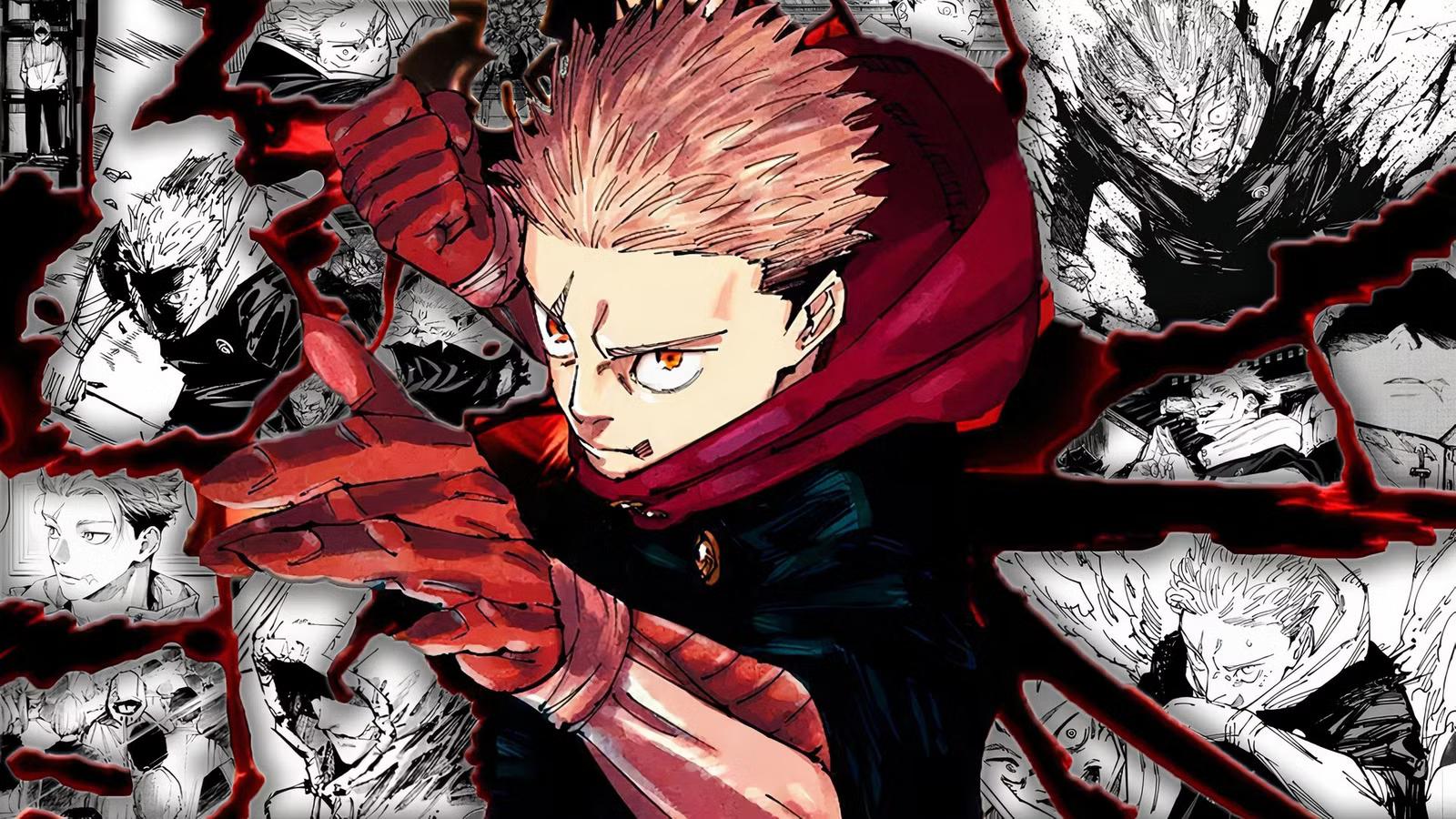 Yuji Itadori surrounded by manga panels in Jujutsu Kaisen promotional art