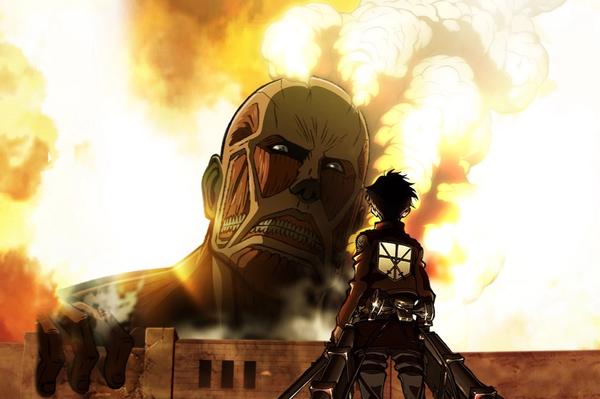 A colossal titan peaks over the wall at Eren