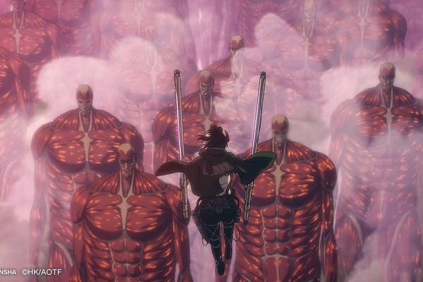 A scout flies above colossal titans during the rumbling