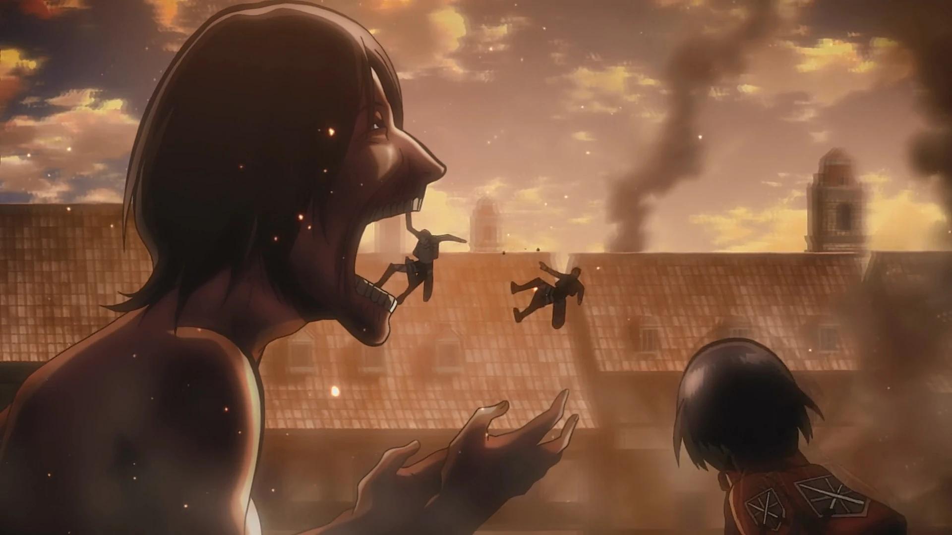 A Titan attempts to eat people during an attack.
