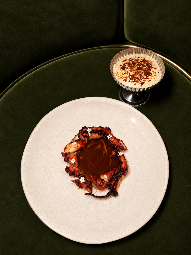 Octopus leg, grilled corn, guanciale, spicy oil
