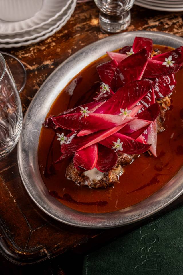 Iberico pork pluma, red endive, hibiscus