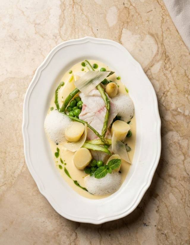 Kijihata in olive oil confit, green asparagus, peas