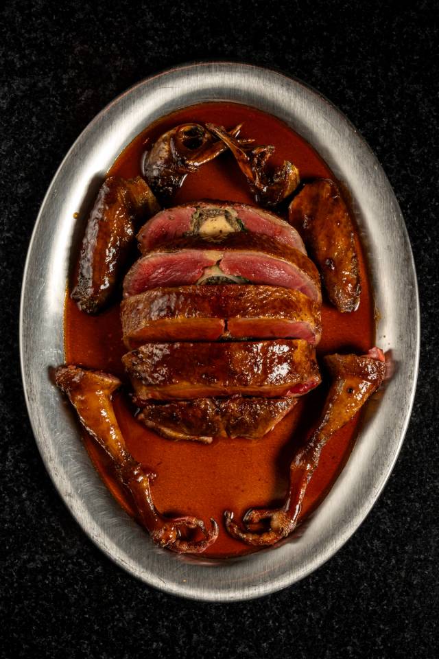 French full pigeon, smoked eel, foie gras