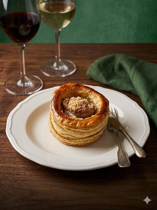 Foie gras vol au vent, puff pastry, duck confit