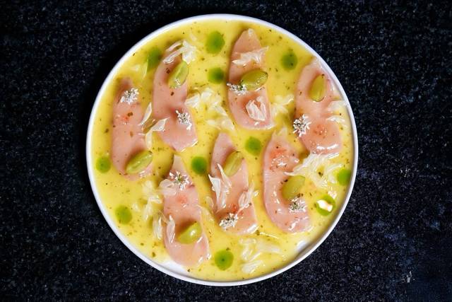 Ikejime hamachi ceviche, yuzu kosho, kalamansi, grapes