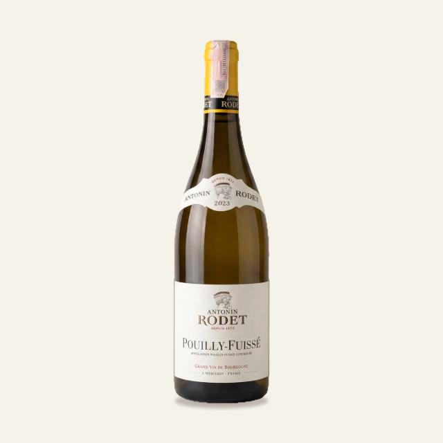A bottle of 2023 Pouilly-Fuissé from Antonin Rodet on an ivory ground, as shown on the Bisou Bangkok drinks menu
