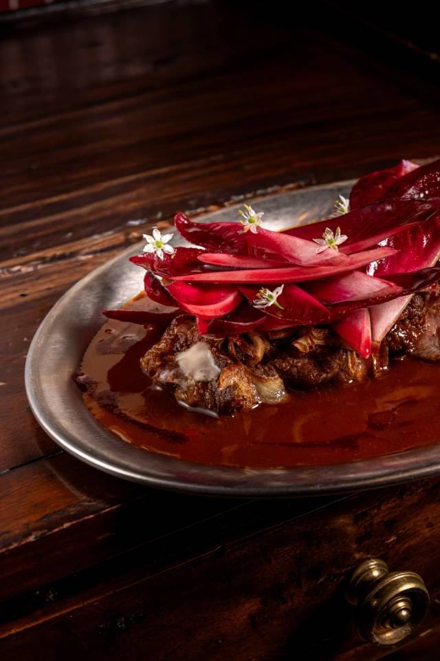 Iberico pork pluma, red endive, hibiscus
