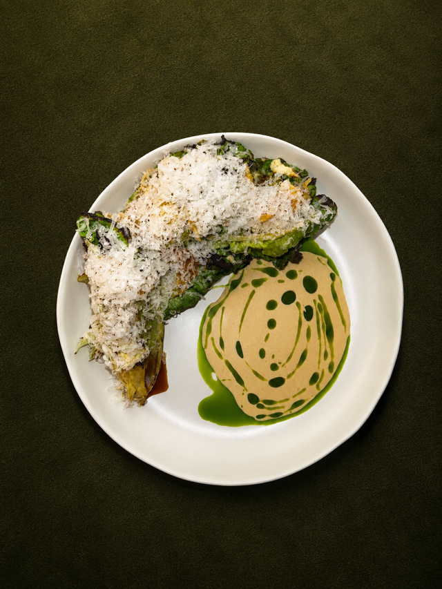 Charcoal cos salad, caesar, chicken skin, anchovy