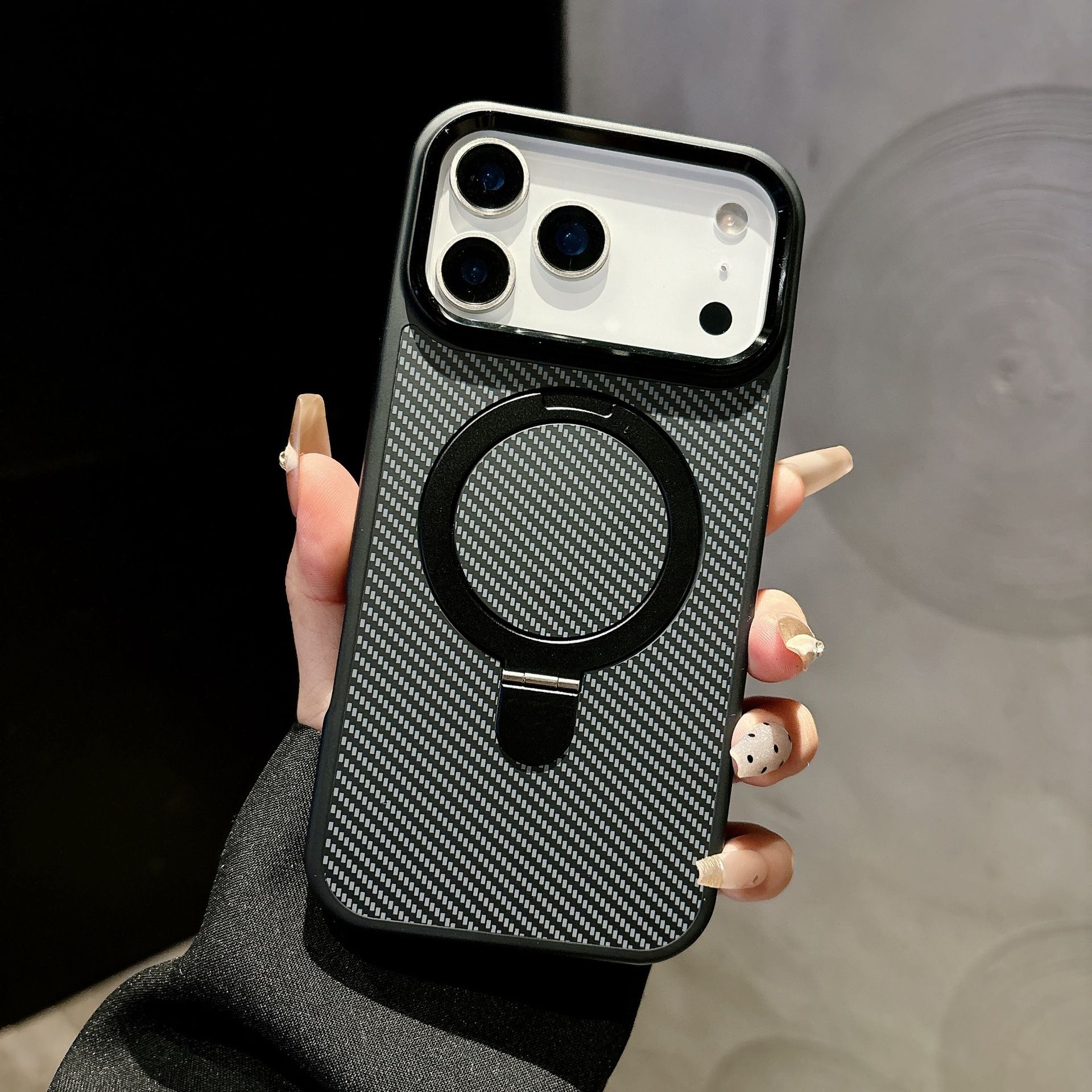 Carbon Fiber-Style Magnetic Stand iPhone Case