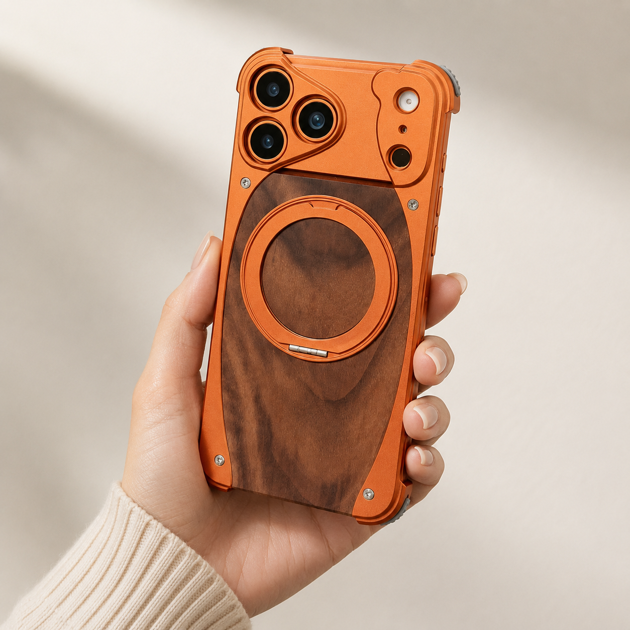 Walnut Wood Magnetic Stand iPhone Case