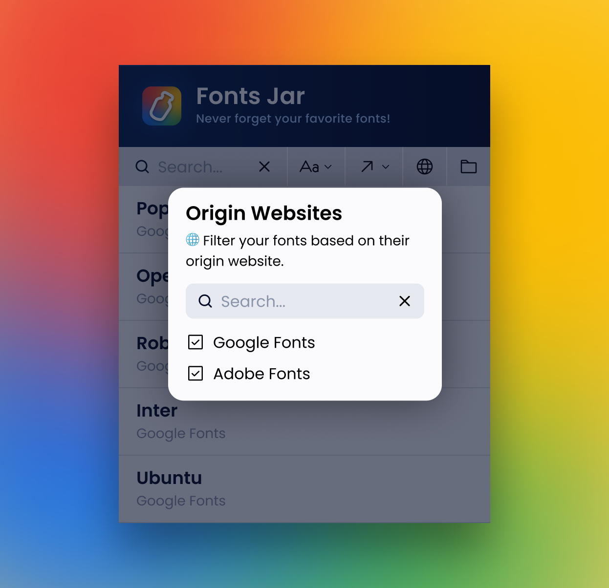 Fonts Jar's popup, with the origin websites modal open