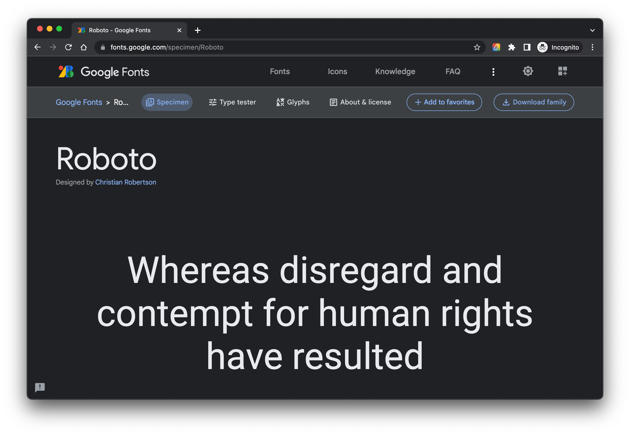 The Roboto page on Google Fonts